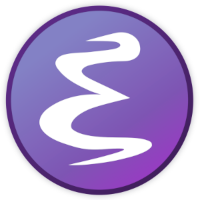 The Emacs icon is a white letter E in a purple gradient circle with its perimeter solid purple.